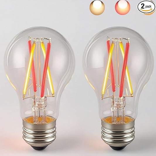 3 Color Temperature LED Bulb E26 Medium Base 60W Equivalent, 2700K Warm White and Red Color Changing Light Bulb 3CCT A19 LED 6W Clear Glass, Not Dimmable, 2 Pack