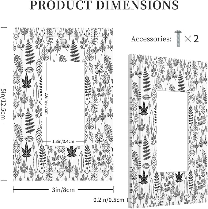 Black White Leaf Wheat Maple Leaf Plant Decorative Outlet Covers 1 Gang Single Rocker Light Switch Cover Plate Wall Plates GFCI Faceplate for Bedroom Bathroom Decor