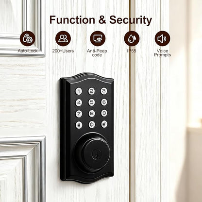 Keyless Entry Door Lock with Keypad, Auto Lock, Voice Prompt, Smart Deadbolt Lock for Front Door with Key, Matte Black – Easy Installation, IP55 Waterproof