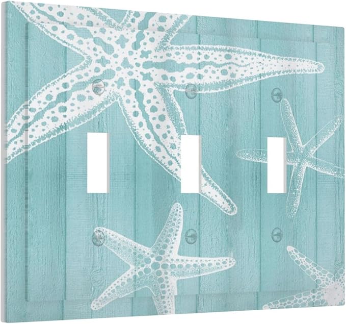 Decorative Light Switch Cover Plate Starfish Teal Wood Board Nautical 3 Gang Wall Plates for Electrical Outlets Triple Toggle Switch Plate Covers Outlet Covers Faceplate for Bedroom Home Decor