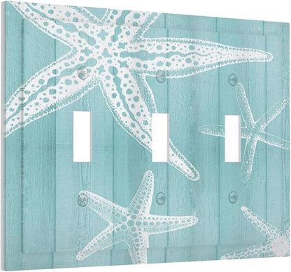 Decorative Light Switch Cover Plate Starfish Teal Wood Board Nautical 3 Gang Wall Plates for Electrical Outlets Triple Toggle Switch Plate Covers Outlet Covers Faceplate for Bedroom Home Decor