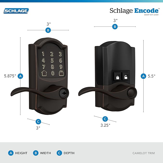 Schlage FE789WB CAM 716 Acc Encode WiFi Accent Lever Smart Lock, Keyless Entry Touchscreen Door Lock with Camelot Trim, Aged Bronze