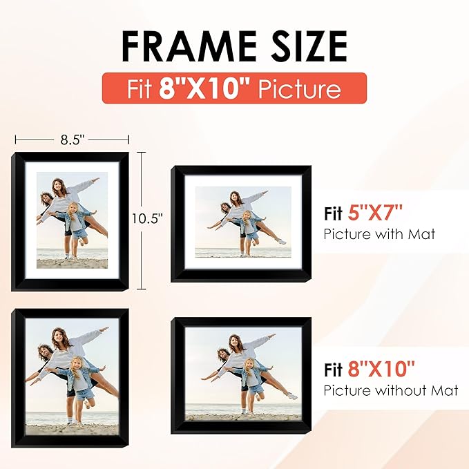 FIXSMITH 8x10 Picture Frame Set of 10, Black Photo Frames Bulk with HD Plexiglass, Display Pictures 5x7 with Mat or 8x10 Without Mat, Multi Picture Frames Collage for Tabletop or Wall Display