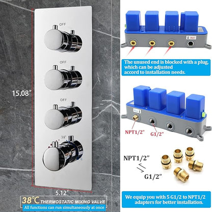 Modern Thermostatic 3 Way Shower Valve Replacement, Bathroom Concealed Brass Mixer Mixing Shower Diverter Valve Kit in Chrome, Can Run Together