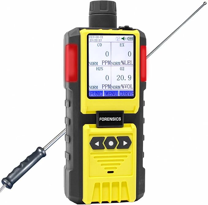 4 Gas Monitor by Forensics | Built-in Pump Multi Gas Meter | O2, CO, H2S, LEL | Color Display & Graphing | USA NIST Calibration | Computer Data Logging |