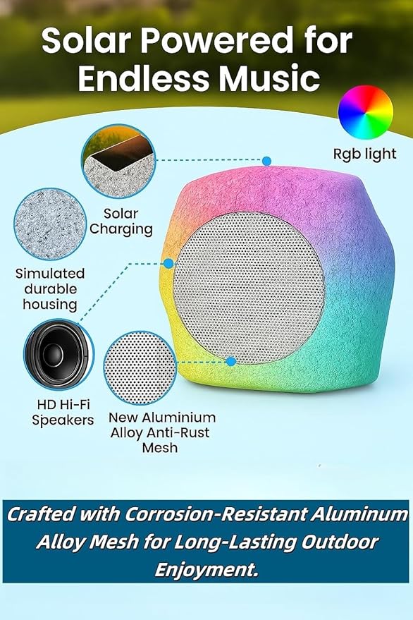 Outdoor Rock Speaker Bluetooth Speakers 48 W Deep Bass (2 Pack) – 16 Hr Playtime, Bluetooth 5.4 TWS Stereo, Aluminum‑Alloy Mesh,IPX5 Waterproof Solar-Powered Speaker Perfect for Pool
