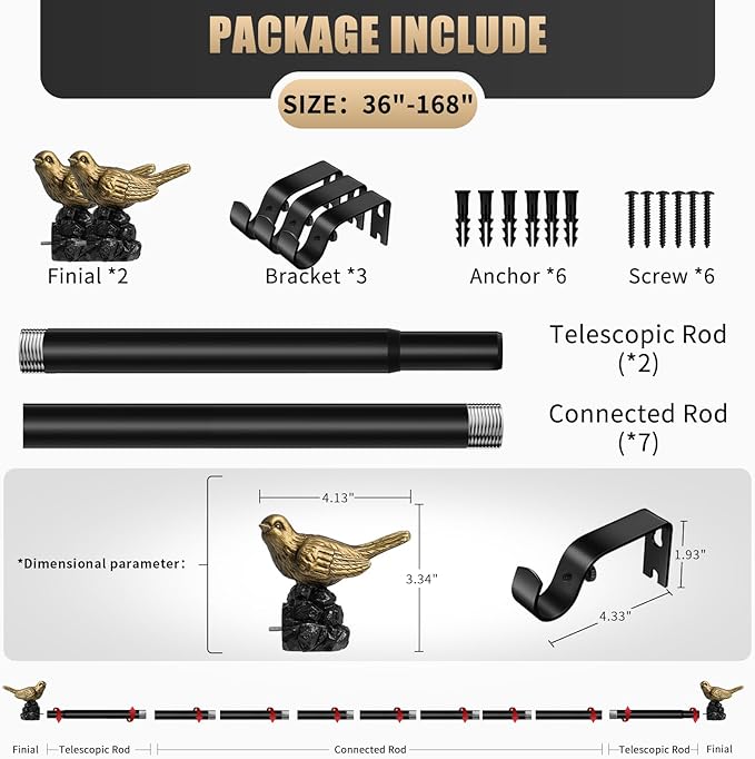 Vintage Gold Curtain Rod 36 to 168 Inches Curtain Rods for Windows Adjustable Drapery Rod with Bird Finials Heavy Duty Curtains Rods for Living Room