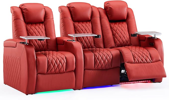 Weilianda Home Theater Seating Top Grain Leather Zero Gravity Recliner Chair Power Headrest Recline Movie Seat Gaming 7 Colors Mood Light Sofa with Tray Table USB Charge Row of 3 Loveseat Right Red
