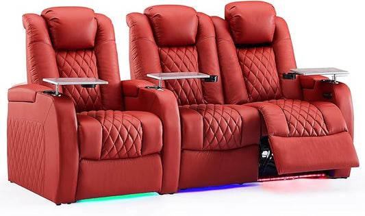 Weilianda Home Theater Seating Top Grain Leather Zero Gravity Recliner Chair Power Headrest Recline Movie Seat Gaming 7 Colors Mood Light Sofa with Tray Table USB Charge Row of 3 Loveseat Right Red