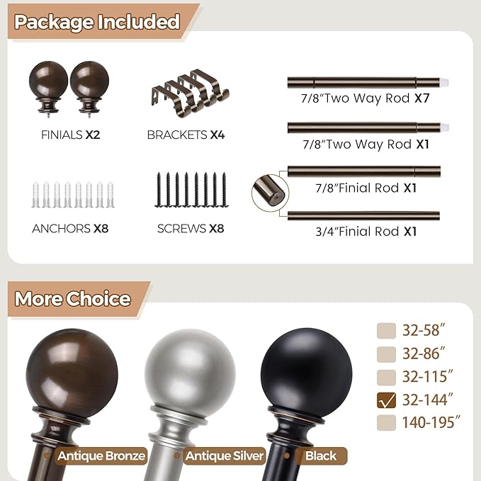 KAMANINA Bronze Curtain Rods for Windows 72 to 144 Inches, Long Curtain Rod 32 to 144 Inches (2.6-12ft), 7/8 Inch Decorative Drapery Rod with Round Finials