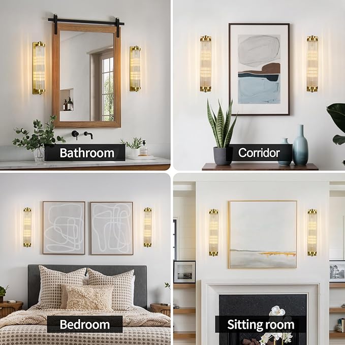 Gold Wall Sconces with Crystal Glass Strip Bathroom Sconces 2 Light E12 Base Modern Wall Lights for Bedroom Living Room Hallway Wall Light Fixtures (1 Pack)