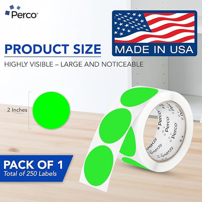 Perco Fluorescent Green 2-Inch Perforated Circle Dot Sticker Labels — 250 Round Stickers Per Roll — with Permanent Adhesive for Organizing, Color Coding, Bin Labeling, Packaging Alerts — Made in USA