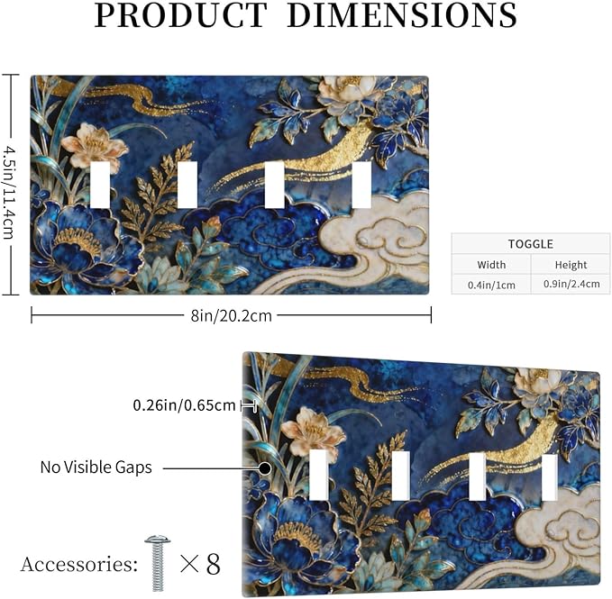 Decorative Light Switch Cover Plate Blue White Flower Gold Line Cloud 4 Gang Wall Plates for Electrical Outlets Quad Toggle Switch Plate Covers Outlet Covers Faceplate for Home Decor