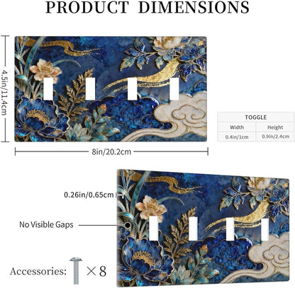 Decorative Light Switch Cover Plate Blue White Flower Gold Line Cloud 4 Gang Wall Plates for Electrical Outlets Quad Toggle Switch Plate Covers Outlet Covers Faceplate for Home Decor