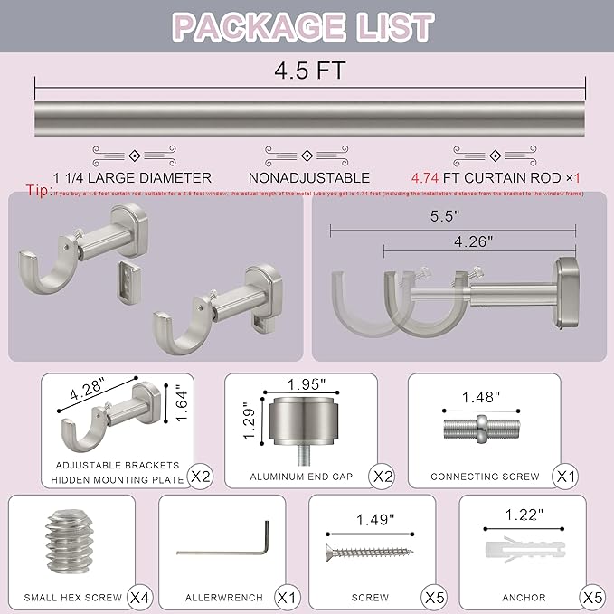 Heavy Duty Curtain Rods,1 1/4" Large Diameter Premium Nonadjustable Curtain Rod,54in/4.5ft Custom Window Treatment Rods with Durable Aluminum Brackets and End Caps,Brushed Nickel Finish