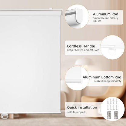 ChrisDowa Cordless Blackout Roller Shades for Windows, Thermal Insulated UV Protection Pull Down Shades, Total Blackout Window Blinds for Home, Office, Bedroom, Door (44" W x 72" H, White)