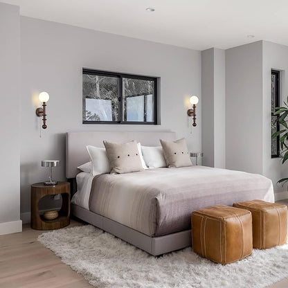 Wood Wall Sconce,Industrial Globe Wall Sconce,Modern Bedroom Vanity Wall Light fixtures with White Globe Glass Lampshade for Living Room、dinging Room