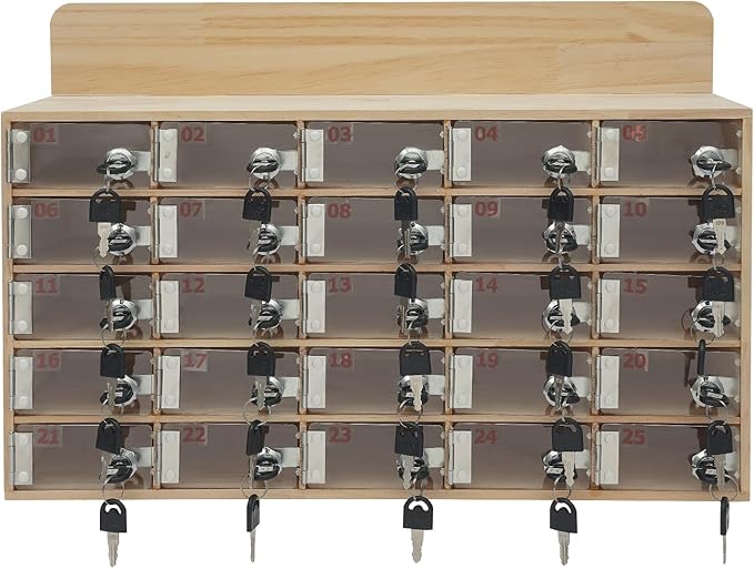 Cell Phone Locker Box 25 Slots Cell Phone Organizer Cabinet with Combination Locks Wall-Mounted Locking Cell Phone Storage Box for Classroom Office,Shool,Office (25 Slots, Wood+Acrylic)