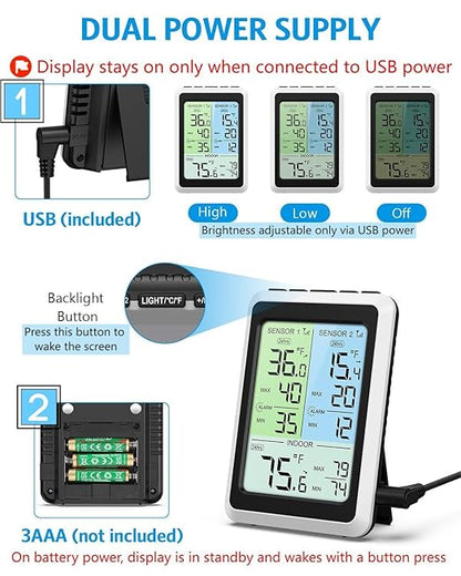 AMIR Upgraded Digital Refrigerator Thermometer with Alarm – 4.5” Wireless Fridge & Freezer Thermometer with 2 Sensors, Backlight Color Screen, MAX/MIN Records for Home, Restaurant & Wine Cellar Use