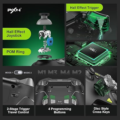 PXN P5 PC Gaming Controller, 2.4G Wireless Gaming Controller, Hall Effect Joystick, Hall Triggers, Dual Vibrators, APP, POM, Wake-up, 4-Macro, 3-Mode(2.4G/BT/SW), for PC,Switch,Android,iOS - Black