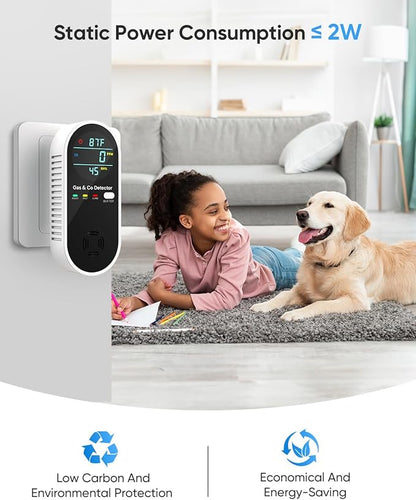 Carbon Monoxide Detectors & Natural Gas Detector, 4-in-1 Carbon Monoxide Detectors Plug in, Gas Leak Detector with Dual Alarms, Temperature & Humidity Sensor for Home, RV Essentials, Black, 1 Pack