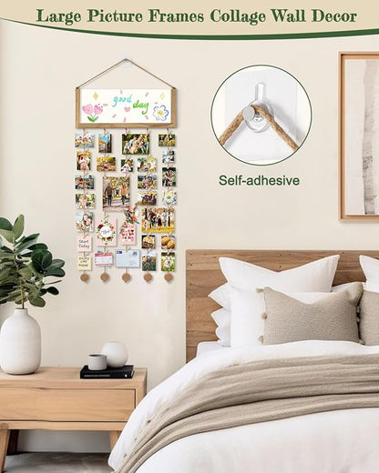 Bikoney Rustic Collage Photo Display Wall Decor with Happy Birthday Banner, Gift Card Storage and 30 Clips for Dorm Room, Bedroom and Home