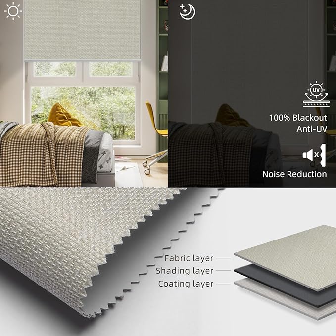 SmartWings Motorized Roller Shades Work with Homekit, Alexa Google, 100% Blackout Smart Blinds for Windows, Cordless Remote Control Window Shades, Vigor Cream, Customized Size