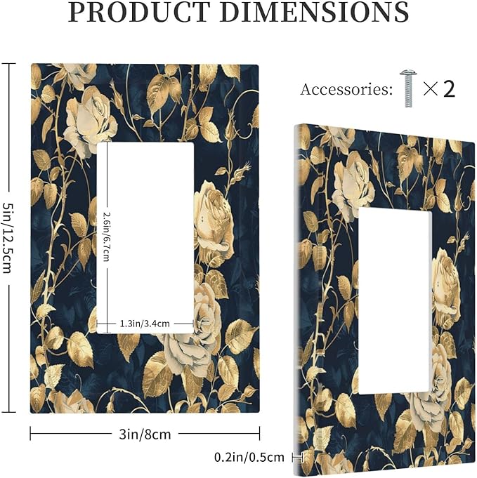 Decorative Outlet Covers Boho Vintage Floral Golden Flower Dark Blue Background 1 Gang Single Rocker Light Switch Cover Plate Wall Plates GFCI Faceplate for Bedroom living Room Decor