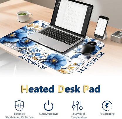 Heated Mouse Pad with 3 Temperature Settings(104°F–122°F),Large 24x14.2 Inch PU Leather Heated Desk Mat,Waterproof Warming Pad for Office,Gaming & Cold Hands Relief,Bule Flower Quotes
