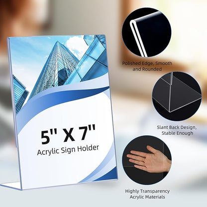 6 Pack Slanted Back Acrylic Sign Holders 5x7 for Business & Store, Tabletop Vertical Sign Holder with Anti-Slip Pads Clear Display Stand, for Menus Flyers Documents Office Restaurants Party Decoration