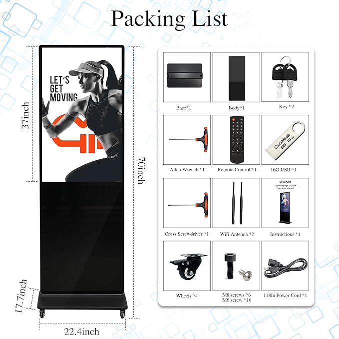 43" 4K LCD Digital Signage Display, Indoor Floor Standing Advertising Kiosk, Commercial Digital Signage Kiosk with Auto AD Box, HDMI WiFi Bluetooth Input, Android 12.0 Black
