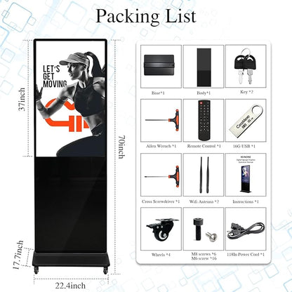 43" 4K LCD Touchscreen Digital Signage Display, Indoor Floor Standing Advertising Kiosk, Commercial Digital Signage Kiosk with Auto AD Box, HDMI WiFi Bluetooth Input, Android 12.0 Black