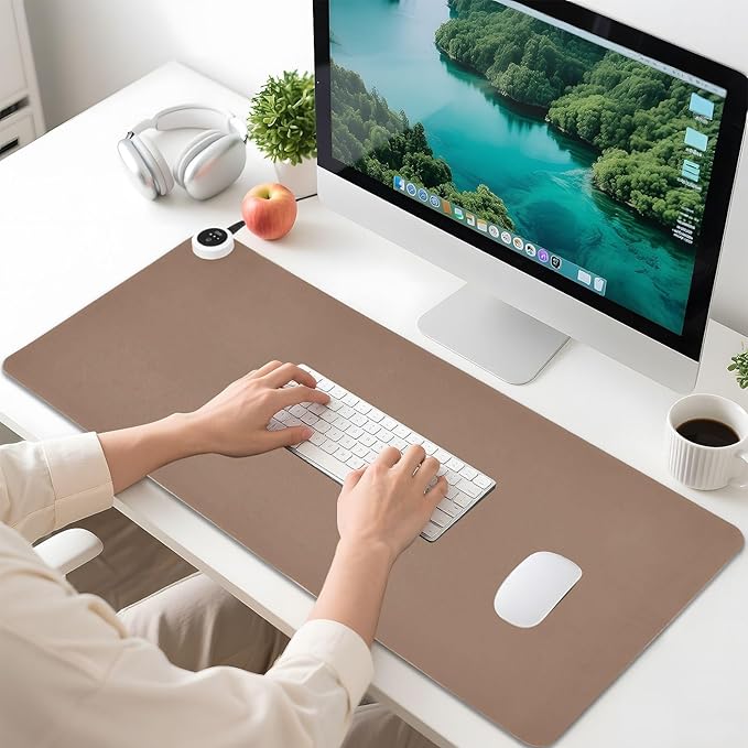 Brown Heated Desk Pad Mouse Pad 31.5x13 Inch PU Leather Desk Mat with 3 Heat Levels Large Mouse Gaming Computer Laptop Mat