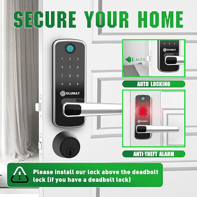 Smart Door Lock with Handle: Olumat Keyless Entry Door Lock with WiFi Gateway - Smart Locks for Front Door with Keypad - Fingerprint Lock
