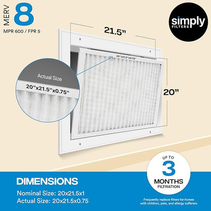 Simply 20x21.5x1 Air Filter, Merv 8, 6 Pack, For Home AC Furnace & HVAC (Actual Size: 20x21.5x0.75") DUST, Pet, & Allergy Control