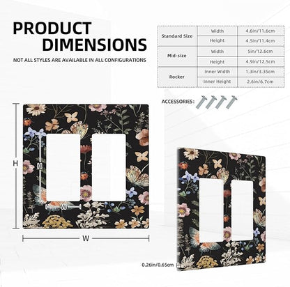 Decorative Outlet Covers Rustic Black Butterfly Flowers Leaves 2 Gang Wall Plate Double Rocker Two Switch Wall Cover Plate Jumbo Dual GFCI Faceplate for Country Bedroom Home Decor