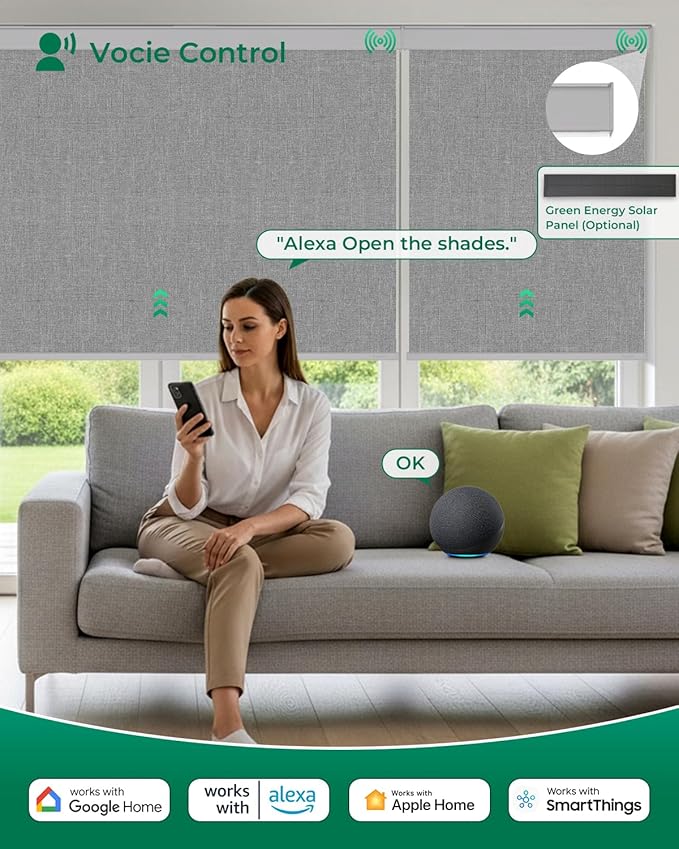 Allesin Motorized Roller Blinds – Rechargeable Smart Shades with Remote & Quiet Motor, Top/Bottom Aluminum Rails, Alexa-Compatible for Window (Custom Size, 100% Blackout Stone-Weave)