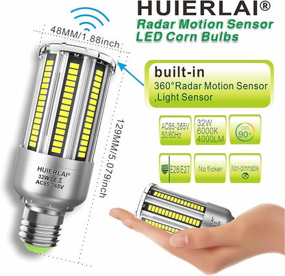 Radar Motion Sensor LED Light Bulbs, 32W Daylight White 6000K 4000LM (300W Equivalent) Auto Motion Detector Activated Dusk to Dawn Light for Stairway, Hallway, Porch, Garage, Driveway, Patio, 2 Pack
