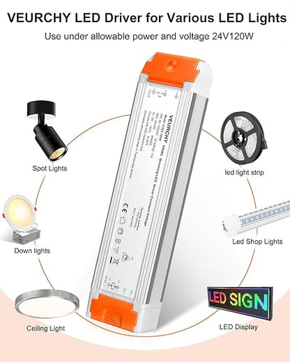 24V Dimmable LED Driver 120W AC 120V to DC 24 Volt Dimmable Lighting Low Voltage Transformers Compatible with Lutron & Leviton Dimmer Switches, 24V Power Supply for LED Strip Lights 2 Pack