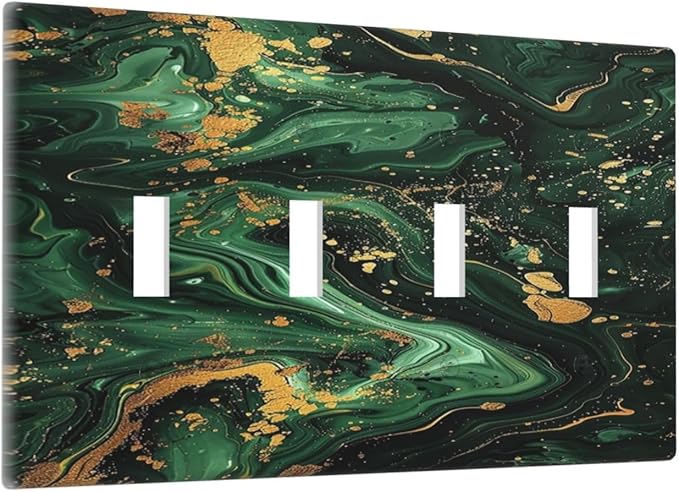Light Switch Cover Plate Green/Gold Modern Abstract Luxury Marble Quad Toggle Wall Plates Decorative Switch Plates 4 Gang Outlet Covers Electrical Panel Cover Faceplate for Home Decor 4.5 X 8 IN