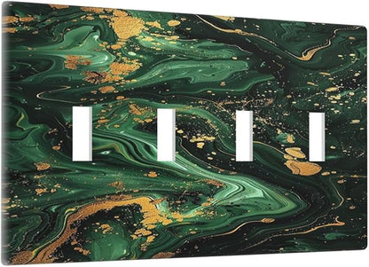 Light Switch Cover Plate Green/Gold Modern Abstract Luxury Marble Quad Toggle Wall Plates Decorative Switch Plates 4 Gang Outlet Covers Electrical Panel Cover Faceplate for Home Decor 4.5 X 8 IN
