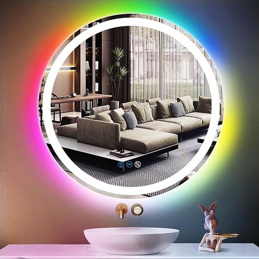 24 Inch Round LED Bathroom Mirror with Lights 3 Color+ Rainbow RGB 7 Color Changing Backlit Round Lighted Mirror for Bathroom Wall AntiFog 24 Mood Change Light RGB Smart Circle Round LED Mirror