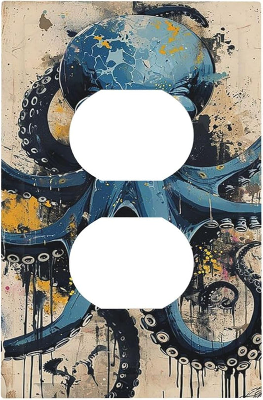 Outlet Covers Nautical Vintage Blue Octopus Yellow Eyes Oil Watercolor 1 Gang Duplex Wall Plate Decorative Switch Plates Electrical Receptacle Faceplate Light Switch Cover for Kids room