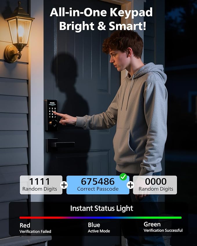 Philips Built-in WiFi Smart Lock + 2 Levels, Smart Locks for Front Door, Digital Keypad Deadbolt with Handle, Fingerprint, PIN Code, App Remote Control & Voice Unlock, Keyless Entry, Auto Locking