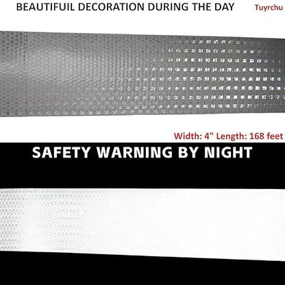 White Reflective Tape Outdoor Waterproof 4 inch Wide, High Visibility Warning Industrial Marking Tape,Safety Stickers (168 feet)
