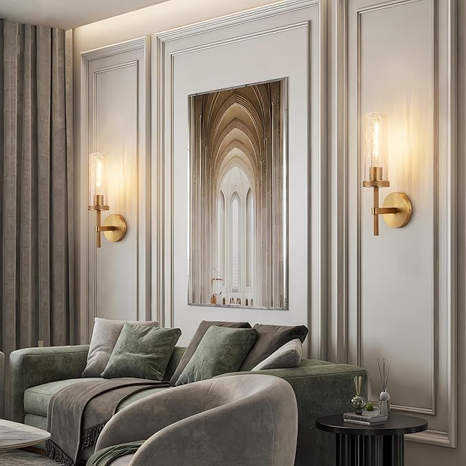 15" Knurled Brass Wall Sconce with Crackle Glass Tube, Gold Bathroom Vanity Light Fixtures, Modern Lamp Lighting for Bedroom, Living Room, Hallway, Staircase, Mirror, Kitchen