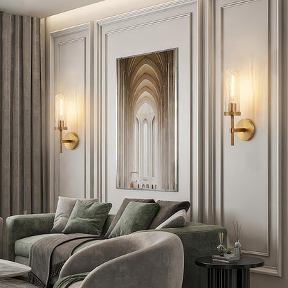 15" Knurled Brass Wall Sconce with Crackle Glass Tube, Gold Bathroom Vanity Light Fixtures, Modern Lamp Lighting for Bedroom, Living Room, Hallway, Staircase, Mirror, Kitchen