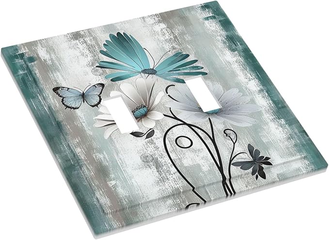 Decorative Switch Plates Rustic Teal Daisy Floral Flowers Butterfly Wood Grain 2 Gang Double Toggle Outlet Light Switch Cover Wall Plate Electrical Faceplate for Bathroom Bedroom Decor