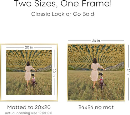Homeforia 24x24 Gold Square Frame, High End Metal 24 x 24 Large Gold Poster Frames with Mat 20 by 20 for Photo, 24by24 Thin Picture Frame Matted to 20x20 inch Print, Tempered Glass, Wall Kit, Set of 2