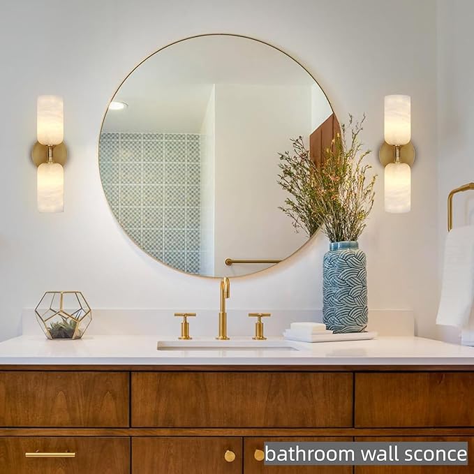 Alabaster Wall Sconces, 14" Modern Spanish Natural Marble Vanity Light, Dimmable Hardwired Brass Gold Wall Sconce Lighting for Bathroom Mirror, Bedroom, Living Room, Luxury Natural Stone Wall Fixtures